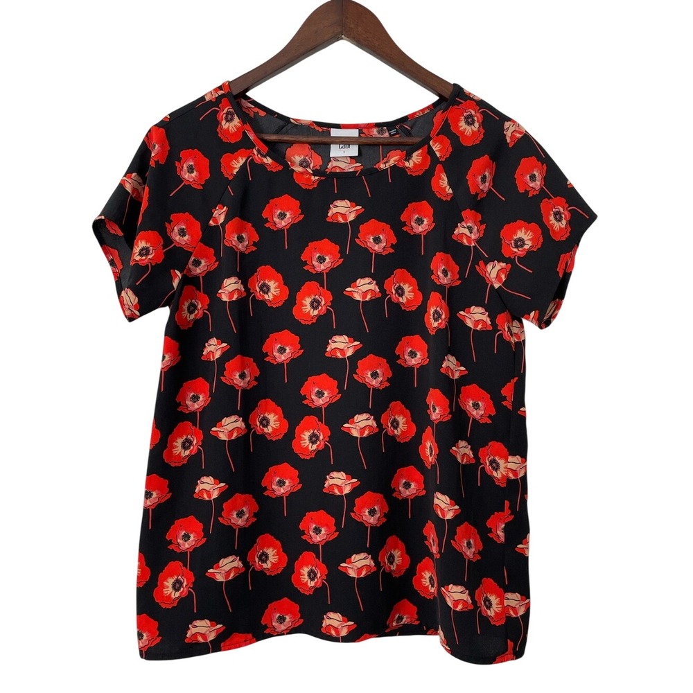 CAbi Black Red Poppy Floral Blouse Short Sleeve Pleated Back Top Small Artsy